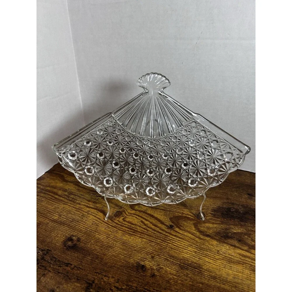 Vintage Pressed Glass Fan Shaped Serving Tray Crystal Starburst Vanity Decor Art